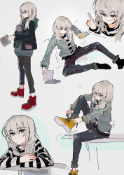 Rule 34 | 1girl, absurdres, black choker, black jacket, black pants, black shirt, black socks, blue jacket, blue pants, blush, book, cd case, choker, closed mouth, commentary, cup, earclip, girls band cry, grey eyes, grey hair, grey hoodie, highres, holding, holding cd, holding cup, hood, hoodie, jacket, kawaragi momoka, long hair, long sleeves, looking at viewer, open mouth, pants, red footwear, shirt, simple background, sitting, smile, socks, striped clothes, striped shirt, white background, white shirt, ydpfa, yellow footwear
