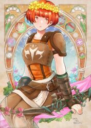 Rule 34 | 1girl, armor, boots, bow, bow (weapon), brown eyes, brown hair, dated, dorothy (fire emblem), fingerless gloves, fire emblem, fire emblem: the binding blade, fire emblem heroes, flower, freckles, gameplay mechanics, gloves, green gloves, head wreath, highres, leggings, looking to the side, nintendo, open mouth, short hair, short sleeves, solo, twitter username, urihara84, weapon, yellow flower