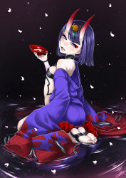 Rule 34 | 1girl, alcohol, ankle ribbon, antaria, barefoot, barefoot sandals (jewelry), blush, breasts, cup, fangs, fate/grand order, fate (series), hair ornament, highres, horns, japanese clothes, kimono, leg ribbon, looking at viewer, oni, pale skin, petals, purple eyes, purple hair, ribbon, sakazuki, sake, short hair, shuten douji (fate), sitting, small breasts, smile, soles, solo, water