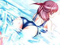 Rule 34 | 00s, 1girl, :t, annoyed, ass, bent over, cameltoe, chain-link fence, dutch angle, fence, from behind, frown, game cg, hair ribbon, hiide, looking back, one-piece swimsuit, pool, puffy cheeks, purple eyes, purple hair, ribbon, school swimsuit, shiny clothes, short hair, solo, splashing, swimsuit, water, yotsunoha, yuzuki iori