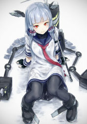 Rule 34 | 10s, 1girl, arm support, black pantyhose, blush, dress, fingerless gloves, gloves, hair ribbon, highres, kantai collection, long hair, looking at viewer, murakumo (kancolle), nathaniel pennel, pantyhose, pigeon-toed, red eyes, ribbon, sailor dress, short dress, sidelocks, silver hair, sitting, solo, wet, wet clothes