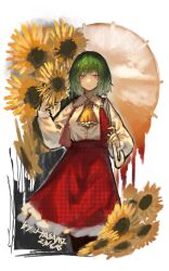 Rule 34 | 1girl, absurdres, ascot, closed mouth, collared shirt, dated, flower, green hair, highres, holding, holding umbrella, hua ha jiazi, kazami yuuka, long sleeves, looking at viewer, plaid, plaid skirt, plaid vest, red eyes, red skirt, red vest, shirt, short hair, signature, skirt, solo, sunflower, touhou, umbrella, vest, white shirt, yellow ascot, yellow flower