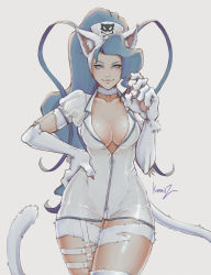 Rule 34 | 1girl, animal ears, animal hands, asymmetrical hair, big hair, blue eyes, blue hair, breasts, capcom, cat ears, cat girl, cat tail, cleavage, closed mouth, collarbone, cowboy shot, felicia (vampire), hand on own hip, hat, highres, kumanz, long hair, looking at viewer, medium breasts, nurse, nurse cap, plunging neckline, smile, solo, tail, vampire (game), white fur, zipper