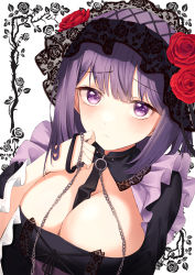 Rule 34 | 1girl, :&lt;, absurdres, between breasts, black dress, bob cut, breasts, chain, chain leash, cleavage, closed mouth, commentary, cosplay, detached collar, dress, flower, frills, gothic lolita, hand up, highres, holding, holding chain, kitagawa marin, kuroe shizuku, lace, large breasts, leash, lolita fashion, looking at viewer, nacho (nacho 1103), purple eyes, red flower, red rose, rose, simple background, solo, sono bisque doll wa koi wo suru, symbol-only commentary, upper body, veil, white background