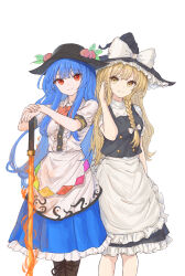 Rule 34 | 2girls, absurdres, apron, black hat, bow, bowtie, braid, closed mouth, hands on hilt, hat, hat bow, highres, hinanawi tenshi, kashiwada kiiho, kirisame marisa, leaf hat ornament, long hair, looking at viewer, multiple girls, peach hat ornament, red bow, red bowtie, red eyes, short sleeves, side braid, simple background, single braid, smile, sword of hisou, touhou, waist apron, white apron, white background, white bow, yellow eyes