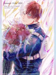Rule 34 | 1boy, absurdres, back, birthday, blue eyes, boku no hero academia, border, bouquet, burn scar, confetti, costume, dated, english text, flower, foreground text, from side, hair between eyes, heterochromia, high collar, highres, holding, holding bouquet, konsobastew, light smile, long bangs, looking at viewer, looking back, male focus, mixed-language text, multicolored hair, pillarboxed, red hair, scar, scar on face, short hair, smile, solo, split-color hair, streamers, text focus, todoroki shouto, translation request, twitter username, two-tone hair, white hair