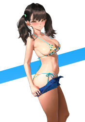 Rule 34 | 1girl, absurdres, bare arms, bare shoulders, bikini, blush, breasts, brown eyes, brown hair, closed mouth, clothes pull, denim, denim shorts, from side, highres, large breasts, looking at viewer, looking to the side, original, pineapple print, shorts, shorts pull, side-tie bikini bottom, simple background, smile, solo, standing, stomach, string bikini, swimsuit, thighs, two side up, undressing, white background, wonbin lee
