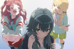 Rule 34 | 3girls, ;d, antenna hair, blonde hair, braid, brown hair, collarbone, commentary, fujita kotone, gakuen idolmaster, green hair, hair between eyes, hair flaps, hanami saki, highres, idolmaster, interlocked fingers, looking at another, multiple girls, one eye closed, open mouth, own hands together, smile, stretching, symbol-only commentary, takada (pixiv 97599311), towel, towel around neck, tsukimura temari, twin braids, two side up