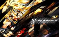 Rule 34 | 00s, 1girl, angry, bardiche (nanoha), belt, blonde hair, delusion overdose, dutch angle, fate testarossa, fighting stance, fingerless gloves, gloves, highres, long hair, lyrical nanoha, magical girl, mahou shoujo lyrical nanoha, matsuno canel, merry christmas, motion blur, open mouth, red eyes, solo, strap, thighhighs, wallpaper, weapon