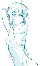 Rule 34 | 1girl, ahoge, arms up, bad id, bad pixiv id, blue theme, blush, breasts, closed mouth, clothes pull, covered navel, hair between eyes, half-closed eyes, kinta (distortion), looking at viewer, medium breasts, monochrome, no nipples, one-piece swimsuit pull, original, short hair, simple background, sketch, solo, upper body, wavy mouth, wet