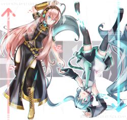 Rule 34 | 2girls, akino coto, aqua eyes, aqua hair, black legwear, blue eyes, boots, breasts, cross-laced footwear, detached sleeves, digital dissolve, hatsune miku, headset, highres, lace-up boots, long hair, long skirt, looking at another, megurine luka, multiple girls, necktie, pink hair, side slit, skirt, smile, thigh boots, thighhighs, twintails, very long hair, vocaloid, world&#039;s end dancehall (vocaloid)