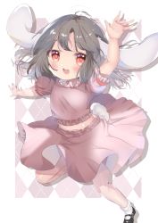 Rule 34 | 1girl, absurdres, animal ears, argyle, argyle background, argyle clothes, ashino chimado, black footwear, black hair, blush, commentary, flat chest, floppy ears, frilled shirt, frilled sleeves, frills, full body, highres, inaba tewi, looking at viewer, mary janes, medium hair, midriff, navel, open mouth, pink shirt, pink skirt, rabbit ears, rabbit tail, red eyes, shirt, shoes, skirt, smile, socks, solo, tail, touhou, white background, white socks
