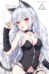 1girl, ahoge, animal ear fluff, animal ears, bangs, black choker, black nails, black panties, black sleeves, breasts, cat ears, cat girl, cat tail, choker, cleavage, collarbone, cross, cross earrings, cross necklace, detached sleeves, devil heavens, earrings, eyebrows visible through hair, fang, fishnet legwear, fishnets, garter straps, highres, jewelry, long hair, medium breasts, nail polish, necklace, open mouth, original, panties, pointy ears, red eyes, shiny, shiny hair, silver hair, sitting, slit pupils, solo, tail, thighhighs, underwear, very long hair, white background