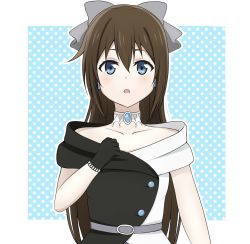 Rule 34 | 1girl, :o, aqua background, aqua eyes, artist name, artist request, back bow, bare shoulders, belt, black dress, black gloves, blue eyes, blush, bow, bow hairband, breasts, brooch, brown hair, buttons, choker, clenched hand, collarbone, diamond (gemstone), dress, drop earrings, earrings, evening gown, female focus, gloves, grey belt, grey bow, hair between eyes, hair bow, hairband, half updo, high ponytail, highres, jewelry, lace, lace gloves, long hair, looking at viewer, love live!, love live! nijigasaki high school idol club, love live! school idol festival, multicolored clothes, multicolored dress, off-shoulder dress, off shoulder, osaka shizuku, parted lips, plaid, plaid dress, pleated, pleated dress, polka dot, polka dot background, ponytail, sleeveless, sleeveless dress, small breasts, smile, solitude rain (love live!), solo, two-tone dress, upper body, white background, white bow, white choker, white dress