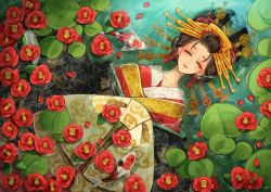 Rule 34 | 1girl, animal, black hair, black kimono, bow, brown eyes, commentary request, fine art parody, fish, flower, flower on liquid, hair ornament, half-closed eyes, highres, japanese clothes, kimono, layered clothes, layered kimono, lily pad, looking at viewer, lying, mole, mole under eye, nekozuki yuki, oiran, on back, ophelia (painting), original, parody, parted lips, petals, petals on liquid, red flower, red kimono, shallow water, short eyebrows, solo, thick eyebrows, water, white bow