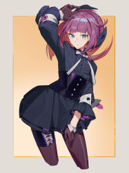 Rule 34 | 1girl, absurdres, arm up, blunt bangs, blush, carcano m91/38 (girls&#039; frontline), closed mouth, collar, dress, girls&#039; frontline, gloves, green eyes, hair ornament, hair ribbon, highres, long hair, long sleeves, looking at viewer, pantyhose, purple gloves, purple hair, ribbon, simple background, solo, standing, two-tone, two-tone background, yoni (zhang)