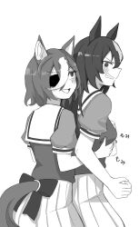 Rule 34 | 2girls, animal ears, annoyed, back bow, bow, clenched teeth, clothing cutout, commentary request, ear ornament, eyepatch, grabbing, grabbing another&#039;s breast, grabbing from behind, greyscale, grimace, highres, horse ears, horse girl, horse tail, long hair, miya nns35, monochrome, multiple girls, pleated skirt, puffy short sleeves, puffy sleeves, sailor collar, school uniform, shirt, short sleeves, simple background, sirius symboli (umamusume), skirt, tail, tail through clothes, tanino gimlet (umamusume), teeth, thighhighs, tracen school uniform, umamusume, very long hair, white background