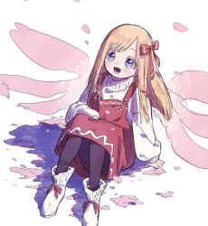 Rule 34 | 1girl, :d, alternate costume, black thighhighs, blonde hair, blue eyes, cherry blossoms, commentary request, fairy, fairy wings, flower-shaped pupils, flower wings, hair ribbon, light blush, lily white, long hair, looking up, nama udon, open mouth, overalls, red overalls, red ribbon, ribbon, sitting, smile, sweater, symbol-shaped pupils, thighhighs, touhou, turtleneck, turtleneck sweater, white background, white footwear, white sweater, wings