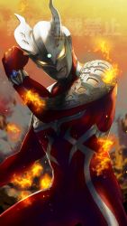 Rule 34 | 1boy, bodysuit, clenched hand, commentary request, fire, giant, highres, horns, looking at viewer, male focus, merick, official alternate costume, red bodysuit, science fiction, space, tokusatsu, twitter username, ultraman zero, ultraman zero: the revenge of belial, ultraman zero wildburst, universe, yellow eyes