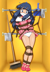 Rule 34 | 1girl, arms behind back, artist request, bdsm, blue eyes, blue hair, blush, bondage, bound, bound arms, bound legs, bow, bow panties, bowtie, broom, closet, cloth gag, clothes lift, clothes pull, collar, creatures (company), daikinbakuju, dawn (pokemon), dress, dress lift, dress pull, dustpan, female focus, flat chest, gag, gagged, game freak, highres, improvised bondage, improvised gag, indoors, kidnapped, looking at viewer, nervous, nervous sweating, nintendo, original, otn gag, over the nose gag, panties, peril, pink dress, pokemon, pokemon (anime), puffy short sleeves, puffy sleeves, rag, restrained, rope, scared, short sleeves, solo, solo focus, sweat, sweatdrop, underwear, upskirt, white panties