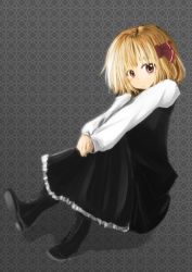 Rule 34 | 1girl, blonde hair, blouse, clses, frilled skirt, frills, hair ribbon, own hands together, red eyes, ribbon, rumia, shirt, short hair, sitting, skirt, touhou, vest
