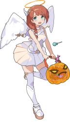Rule 34 | 1girl, angel, artist request, bare shoulders, belt, blue eyes, blush, boots, braid, braided ponytail, breasts, brown hair, candy, choker, corinna (world flipper), female focus, food, frilled shirt, frills, full body, grey thighhighs, hair ornament, hairclip, halloween, halloween bucket, halloween costume, halo, highres, holding, knee boots, leg up, light blush, lollipop, long hair, looking at viewer, miniskirt, nervous, non-web source, official art, open mouth, pleated skirt, shirt, sidelocks, simple background, skirt, sleeveless, sleeveless shirt, small breasts, solo, standing, standing on one leg, thighhighs, transparent, transparent background, v arms, white choker, white footwear, white shirt, white skirt, white wings, wings, world flipper, zettai ryouiki