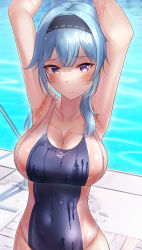 Rule 34 | 1girl, armpits, arms up, bare shoulders, black hairband, blue hair, blue one-piece swimsuit, blush, breasts, cleavage, collarbone, competition swimsuit, covered navel, eula (genshin impact), genshin impact, hairband, highres, large breasts, looking at viewer, medium hair, one-piece swimsuit, purple eyes, shirosaba, sidelocks, solo, swimsuit, two-tone swimsuit, wet, white one-piece swimsuit