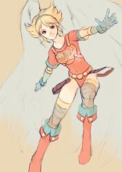 Rule 34 | 1girl, angel wings, armor, blonde hair, blue eyes, breath of fire, breath of fire i, closed mouth, elbow gloves, foot out of frame, gloves, hairband, highres, kannoaki, leotard, looking at viewer, nina (breath of fire i), red leotard, short hair, simple background, solo, white wings, wings