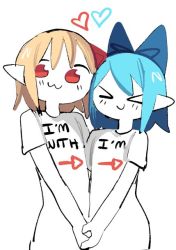 Rule 34 | &gt; &lt;, 2girls, :3, arrow (symbol), blonde hair, blue bow, blush, bow, cirno, closed mouth, clothes writing, commentary, english commentary, english text, closed eyes, hair bow, heart, holding hands, long shirt, medium hair, minimalism, multiple girls, organsoup, pale skin, pointy ears, red bow, red eyes, rumia, shirt, short sleeves, simple background, smile, t-shirt, touhou, white background, white shirt