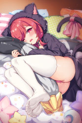 Rule 34 | 14c, 1girl, absurdres, animal ears, animal hood, ass, azur lane, black hoodie, blush, breasts, cat ears, cat tail, fake animal ears, highres, holding, holding pillow, hood, hoodie, hug, i-19 (azur lane), i-19 (pillowy paradise) (azur lane), long hair, long sleeves, looking at viewer, loungewear, lying, no shoes, hugging object, on side, one eye closed, open mouth, panties, pantyshot, pillow, pillow hug, pink panties, red eyes, red hair, ribbon, small breasts, smile, soles, solo, tail, tail ornament, tail ribbon, thighhighs, toes, torpedo, twintails, underwear, white thighhighs