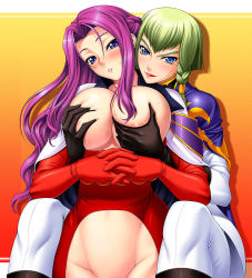 Rule 34 | 00s, 2girls, bad id, bad pixiv id, blue eyes, blush, braid, grabbing another&#039;s breast, breasts, breasts squeezed together, code geass, code geass: lost colors, cornelia li britannia, female focus, grabbing, green hair, groin, huge breasts, knights of the round, large breasts, long hair, miyagi yasutomo, multiple girls, no panties, nonette enneagram, purple hair, yuri