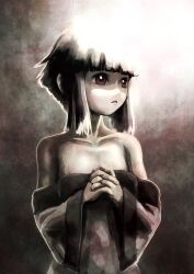 Rule 34 | 1girl, bare shoulders, blunt bangs, brown eyes, commentary request, flat chest, greyscale, highres, looking to the side, monochrome, off shoulder, original, own hands clasped, profile, robe, sepia, short hair with long locks, sidelocks, solo, spot color, tsukuan, upper body