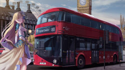 Rule 34 | 1girl, blonde hair, blue sky, building, bus, car, character request, cloud, commentary request, commission, double-decker bus, elizabeth tower, england, ferris wheel, highres, lamppost, license plate, london, motor vehicle, oshiro project:re, outdoors, png pant (bus), skeb commission, sky, solo, united kingdom, vehicle focus