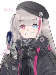 Rule 34 | 1girl, absurdres, beret, black hat, blue eyes, coat, eyes visible through hair, girls&#039; frontline, gloves, grey gloves, grey hair, hair between eyes, hat, heterochromia, highres, jacket, kunnika4203, long hair, looking at viewer, mdr (girls&#039; frontline), multicolored hair, open mouth, pink eyes, pink hair, side ponytail, simple background, smile, solo, streaked hair, tactical clothes, teeth, upper body, white background