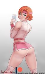 Rule 34 | 1girl, aestheticc-meme, ass, bare shoulders, breasts, cellphone, from behind, green eyes, headband, highres, kneehighs, large breasts, nora valkyrie, open mouth, orange hair, phone, rwby, short hair, short shorts, shorts, sideboob, socks, solo, sweat