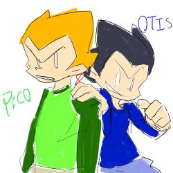Rule 34 | 2boys, bad id, bad twitter id, black hair, btd17306302, character name, frown, highres, male focus, multiple boys, no pupils, orange hair, otis (pico&#039;s cousin), pico&#039;s cousin, pico (newgrounds), pico (newgrounds series), simple background, thumbs up, white background