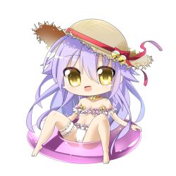 Rule 34 | 1girl, :d, barefoot, bell, bikini, blush, bow, character request, chibi, commentary request, flat chest, frilled bikini, frills, full body, hair between eyes, hat, hat bell, hat bow, hop step jumpers, jingle bell, lets0020, long hair, looking at viewer, medium bangs, open mouth, pink innertube, purple hair, red bow, simple background, smile, solo, straw hat, sun hat, swimsuit, transparent background, very long hair, wavy hair, white bikini, yellow eyes