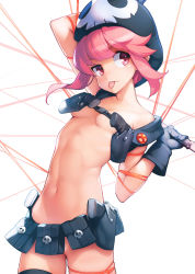 Rule 34 | 1girl, ataruman, blush, breasts, collarbone, commentary, gloves, gun, hat, head tilt, highres, jakuzure nonon, kill la kill, knife, life fiber, looking at viewer, midriff, navel, nudist beach uniform, pink eyes, pink hair, simple background, small breasts, solo, standing, string, tongue, tongue out, weapon, white background