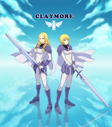 Rule 34 | 2girls, armor, armored boots, blonde hair, bodysuit, boots, cape, clare (claymore), claymore (series), claymore (sword), cloud, copyright name, english text, grey eyes, highres, holding, holding sword, holding weapon, long hair, multiple girls, osu, pauldrons, reflection, short hair, shoulder armor, straight hair, sword, teresa, wavy hair, weapon