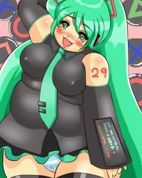 Rule 34 | 1girl, aqua eyes, aqua hair, bare shoulders, blush, breasts, covered erect nipples, fat, hatsune miku, long hair, medium breasts, necktie, open mouth, panties, smile, solo, thick thighs, thighs, underwear, very long hair, vocaloid