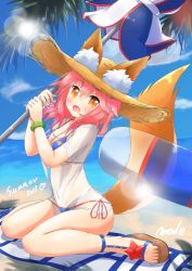Rule 34 | 10s, 1girl, animal ears, bell, bikini, blue bikini, blush, breasts, cleavage, collar, collarbone, day, ears through headwear, fate/extra, fate/grand order, fate (series), fox ears, fox tail, hat, large breasts, long hair, looking at viewer, mode (mode-n), nature, neck bell, ocean, open mouth, outdoors, palm tree, pink hair, see-through, shirt, solo, swimsuit, tail, tamamo (fate), tamamo no mae (fate/extra), tamamo no mae (swimsuit lancer) (fate), tamamo no mae (swimsuit lancer) (second ascension) (fate), tree, wet, wet clothes, wet shirt, yellow eyes