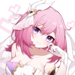 Rule 34 | bare shoulders, breasts, cleavage, closed mouth, elysia (herrscher of human:ego) (honkai impact), elysia (honkai impact), gloves, hair ornament, hair ribbon, highres, honkai (series), honkai impact 3rd, looking at viewer, medium breasts, medium hair, pink hair, poinia, purple eyes, ribbon, solo, upper body, white gloves, white ribbon