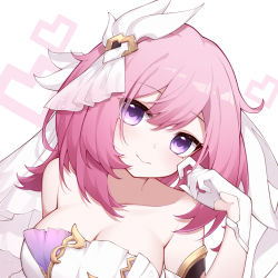 bare_shoulders breasts cleavage closed_mouth elysia_(herrscher_of_human:_ego)_(honkai_impact) elysia_(honkai_impact) gloves hair_ornament hair_ribbon highres honkai_(series) honkai_impact_3rd looking_at_viewer medium_breasts medium_hair origami_(poinia) pink_hair purple_eyes ribbon solo upper_body white_gloves white_ribbon