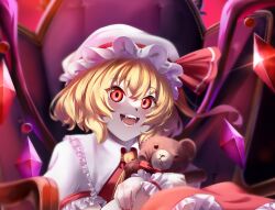 Rule 34 | 1girl, absurdres, blonde hair, chair, collared shirt, crystal wings, fangs, flandre scarlet, hat, hat ribbon, highres, holding, holding toy, looking at viewer, mob cap, open mouth, red eyes, red skirt, red vest, ribbon, shirt, short hair, sitting, skirt, stuffed animal, stuffed toy, teddy bear, touhou, toy, vest, yujin (kanouyuuto-0423)