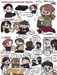 Rule 34 | 5boys, 5girls, baek ae-young, black hair, brown hair, character request, closed eyes, closed mouth, commentary request, eoduun badaui deungbul-i doeeo, food, glasses, green sweater, highres, holding, holding food, jihyeok seo, kasah yun, kim jaehee, korean commentary, korean text, long hair, long sleeves, looking at another, mask, mouth mask, multiple boys, multiple girls, open mouth, park moo-hyun, ponytail, purple skirt, red hair, round eyewear, running, shin hae-ryang, short hair, simple background, skirt, smile, speech bubble, sweater, taiyaki, translation request, wagashi, white background, yu geum-i