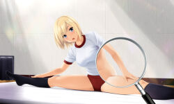 Rule 34 | 1girl, black socks, blonde hair, blue eyes, buruma, commentary request, feet out of frame, gym uniform, hair between eyes, indoors, kneehighs, leaning to the side, looking at viewer, magnifying glass, mattress, no shoes, nonaka ritsu, open mouth, original, red buruma, shirt, short sleeves, socks, solo, split, white shirt, x-ray vision
