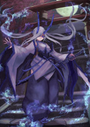Rule 34 | 1girl, absurdres, bare shoulders, blue eyes, blue fire, blue horns, blue theme, closed mouth, detached sleeves, fire, grey hair, haikei (le gris no9), hair over one eye, highres, holding, holding sword, holding weapon, horns, japanese clothes, katana, long hair, moon, night, night sky, oni, oni horns, original, outdoors, scabbard, sheath, shrine, sky, solo, stairs, standing, sword, torii, tree, twintails, very long hair, weapon, wide sleeves