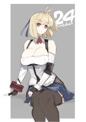 1girl absurdres antenna_hair arcueid_brunestud bare_shoulders black_thighhighs blonde_hair blue_skirt breasts claire_victorious claire_victorious_(cosplay) cleavage commentary cosplay cowboy_shot english_commentary garter_straps god_eater god_eater_3 highres invisible_chair jonyeld large_breasts red_eyes shirt short_hair sitting skirt solo thighhighs white_shirt