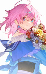 Rule 34 | 1girl, ahoge, blue eyes, blue jacket, bouquet, closed mouth, flower, frills, from side, hair between eyes, highres, holding, holding bouquet, honkai: star rail, honkai (series), jacket, leaf, long sleeves, looking at viewer, march 7th (honkai: star rail), multicolored eyes, orange flower, pink eyes, pink flower, pink hair, purple flower, red flower, red rose, rose, shirt, short hair, shotgunman, simple background, smile, solo, standing, tied jacket, white background, white flower, white shirt, yellow flower