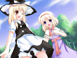 Rule 34 | 2girls, :d, ;d, alice margatroid, belt, blonde hair, bloomers, blue dress, blue eyes, blue sky, blush, brown eyes, buttons, capelet, day, desuno, dress, female focus, frills, hat, kirisame marisa, looking at viewer, looking back, multiple girls, necktie, one eye closed, open mouth, outdoors, red necktie, sky, smile, tareme, touhou, underwear, upskirt, vest, witch hat